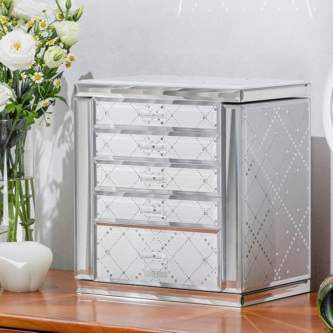 Glass Jewelry Box, 5-Layer Storage Case,Jewerly Boxes for Women Girls,Jewelry Gift Decorative Boxes, Art Painting Tabletop Organizer For Earring Necklace Watch Christmas Gifts