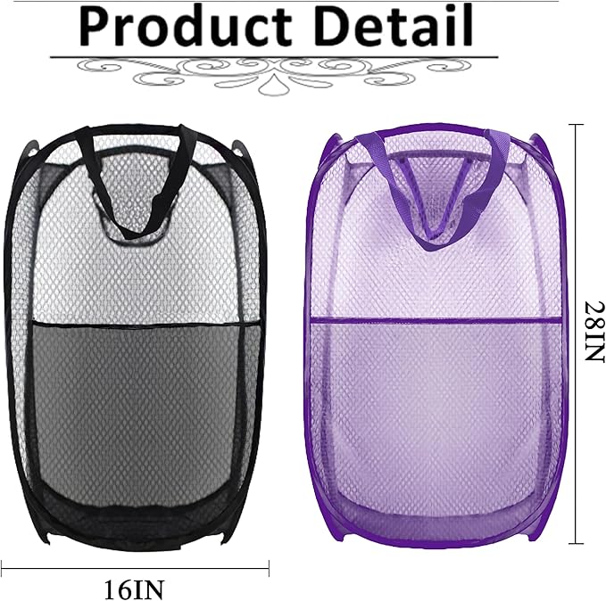 Buyongwant Collapsible Pop Up Laundry Hamper, Extra Large Mesh Foldable Laundry Basket Bag, 28" x 16" x 16", 2 Pack (Black + Purple)