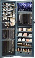 SONGMICS 6 LEDs Mirror Jewelry Cabinet, 47.2-Inch Tall Lockable Wall or Door Mounted Jewelry Armoire Organizer with Mirror, 2 Drawers, 3.9 x 14.6 x 47.2 Inches, Rustic Blue UJJC93IN