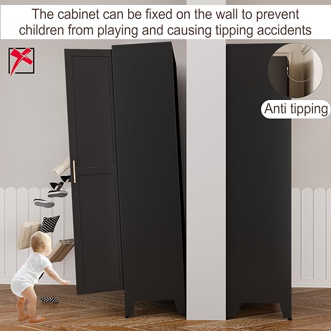 71" Metal Armoire Wardrobe Closet, Steel Clothing Storage Cabinet with Mirror and Adjustable Shelves, Household Steel Wardrobes Storage Cabinet with Adjustable Standing Feet and Hanging Rod（Black）