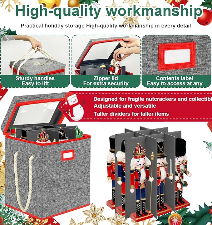 Christmas Nutcracker Collectibles Storage Box, Large Ornament Box for 9-16' Tall Nutcrackers, Ornaments (Red and Gray)