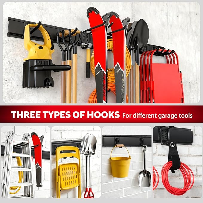 64 Inches Garage Tool Organizer Wall Mount, Tool Storage Rack Wall Mount, Heavy Duty Garden Wall Organizer System for Yard, garage and Shed, Tool Holder for Hanging Rake Snowboard Broom Mop