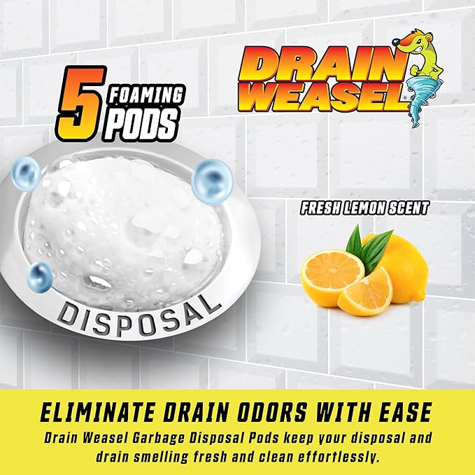 Drain Weasel Garbage Disposal Pods Cleaner and Deodorizer, Sink Odor Eliminator with Foaming Action, Septic-Safe Enzyme Formula, Fresh Lemon Scent, Pack of 5