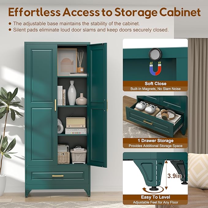 75" Kitchen Pantry Cabinet with Drawer, Tall Storage Cabinet with Doors and 4 Shelves, Metal Storage Cabinets for Kitchens, Living Room, Dinning Room, Assembly Required, Green