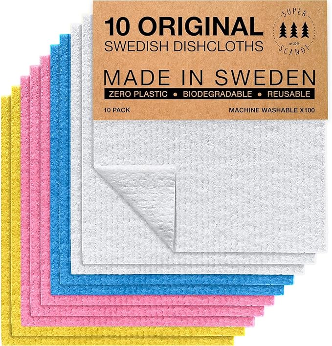 SUPERSCANDI 10 Pack Swedish Dishcloths for Kitchen - 100% Biodegradable & Compostable | Reusable Paper Towels Washable, Food-Safe & Without Plastic - Dish Rags Suitable for Any Surface | Multicolor