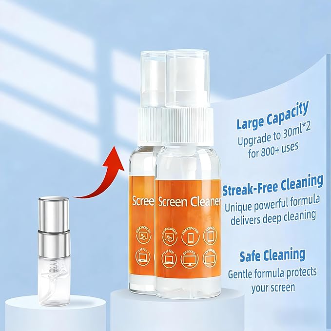 Ordilend Screen Cleaner Refill Kit for Keyboard Cleaning Kit Laptop Cleaner, 10-in-1 Computer Screen Cleaning Brush Tool, Streak-Free Spray for Computer, Phone, Pad, Includes Microfiber Cloth, 60ML