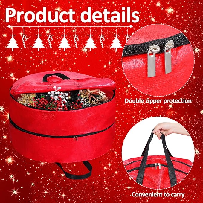 Hoolerry Double Layer Christmas Wreath Storage Container Bags Double Wreath Storage Container Zippered Bag with Handle Festive Storage Box Storage for Xmas Garlands, Red(2 Pcs,30 Inch)