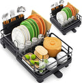 TOOLF Expandable Dish Rack, Dish Drying Rack for Kitchen Counter, Foldable Dish Dryer Rack, Stainless Steel Dish Drainer Racks with Cutlery Holder, Collapsible Dish Drying Racks Standard Size,Black