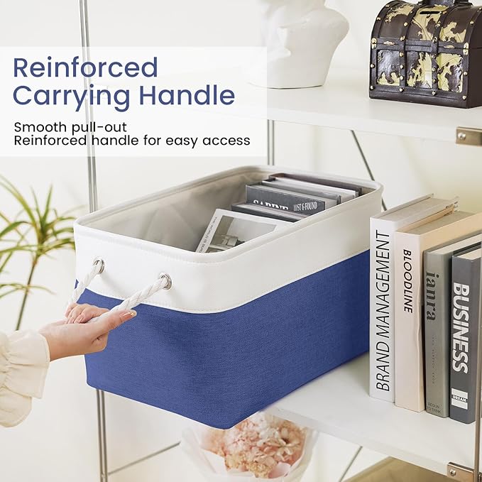 Large Storage Baskets- 15x11x10 inch Storage Bins for Shelves and Closet Organizing, Foldable Fabric Bin for Home Organization Clothes and Laundry (6-Pack, White&Blue)