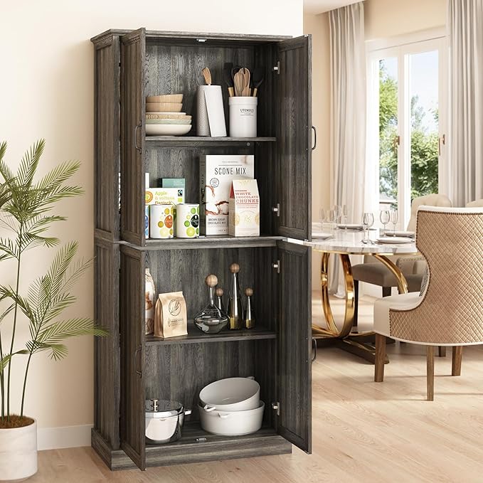 71'' Tall Pantry Cabinet Set of 2, Farmhouse Kitchen Pantry Storage Cabinet with Barn Door and Adjustable Shelves, Rustic Wood Freestanding Cupboard for Kitchen, Dining Room, Grey