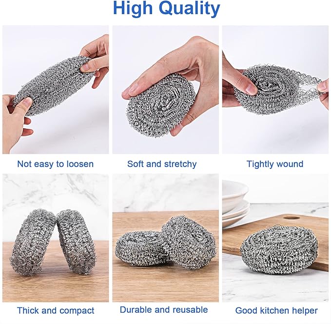 ovwo 12Pack Upgraded Steel Wool Scrubbers - Premium Stainless Steel Scrubber, Metal Scouring Pads, Steel Wool Pads, Kitchen Cleaner, Heavy Duty Cleaning Supplies - Especially for Tough Cleaning