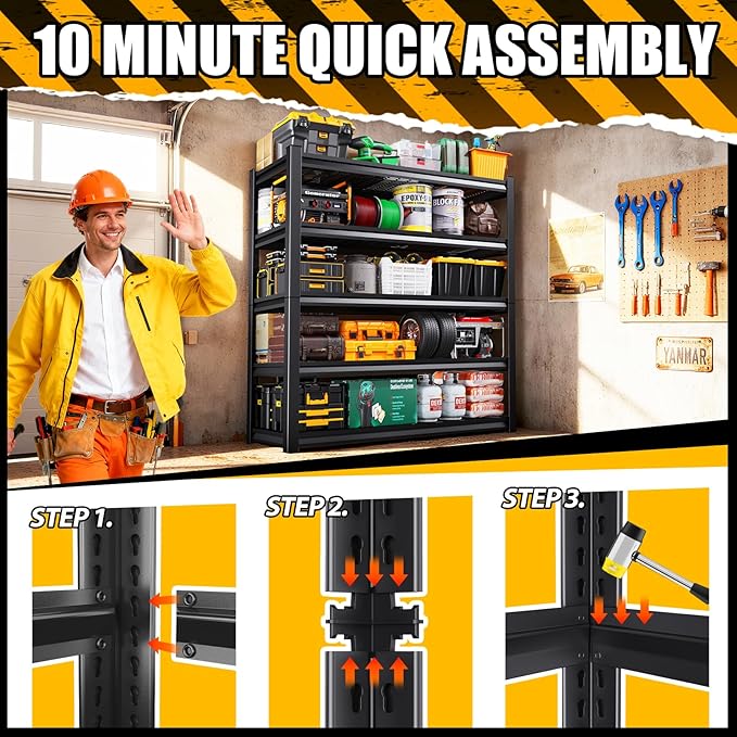 5-Tier 72”H Garage Shelving, Adjustable Garage Shelves, 3000 Lbs Storage Shelves Heavy Duty, Garage Shelf for Tool Organization, Storage Shelves for Basement, Warehouse, Black (72''H×59''W×19.8''D)