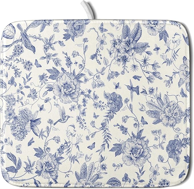 Giwawa Chinoiserie Flower Dish Drying Mat Blue Leaves Dishes Drying Pad Reusable Washable Kitchen Countertop Protector Dish Drainer Mat 16x18 Inch
