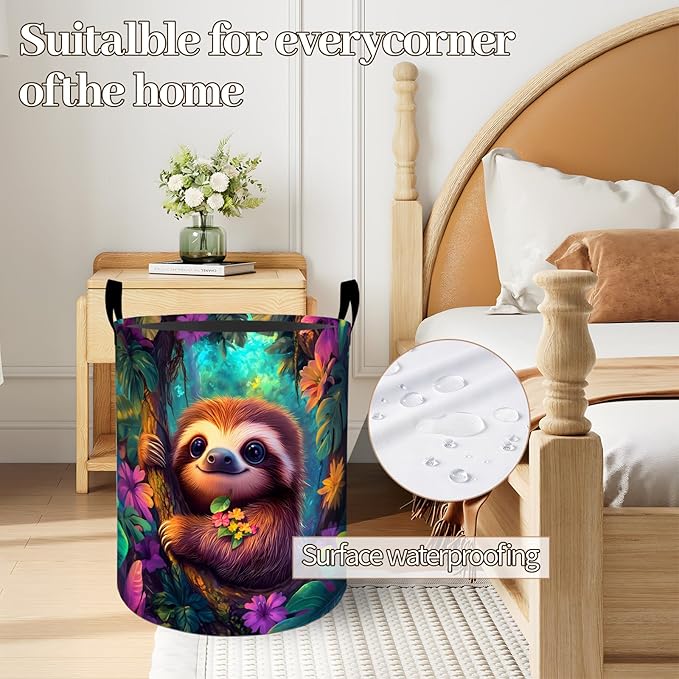 Cute Sloth Tropical Flowers Laundry Basket 19.7"x15.7", Collapsible Dirty Clothes Waterproof Animal Laundry Hamper Organizer Toy Storage Bin for Dorm Nursery Bathroom Decor