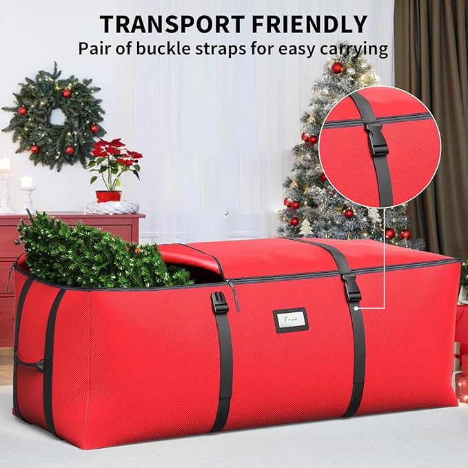 7.5Ft Christmas Tree Storage Bag, Fit up to Artificial Xmas Trees, with Double Zipper & Buckle Straps, Handles for Easy Carry, 600D Oxford Fabric Waterproof and Dustproof. (Red)