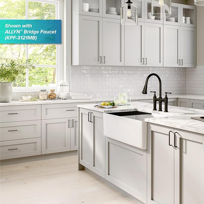 KRAUS Turino Workstation 33-inch Farmhouse Reversible Apron Front Fireclay Single Bowl Kitchen Sink with Accessories in Gloss White, KFR4-33GWH