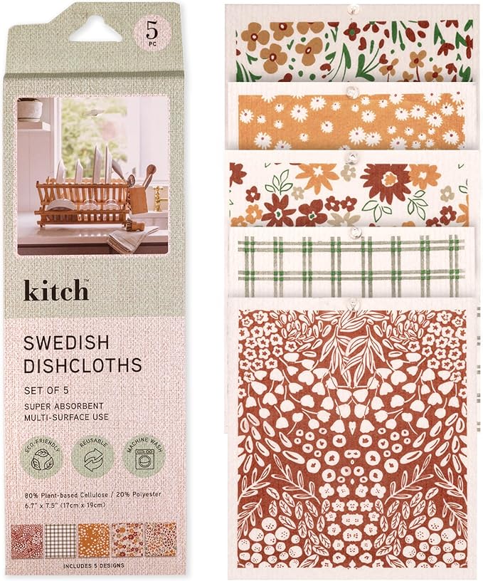 MosJos Swedish Dishcloths, Vintage Plant-Based Cellulose, 6.7x7.5 Inch, Super Absorbent, Multi-Surface, Machine Washable, Reusable, 5 Pack (Rust Green Burgundy)