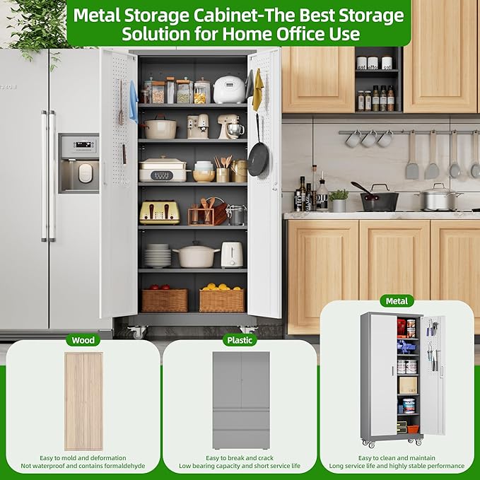 71" Metal Storage Cabinet with Wheels and Pegboard, Lockable Rolling Steel Storage Cabinet with 5 Adjustable Shelves and Door for Garage, Office, Kitchen, Assembly Required（Grey and White）