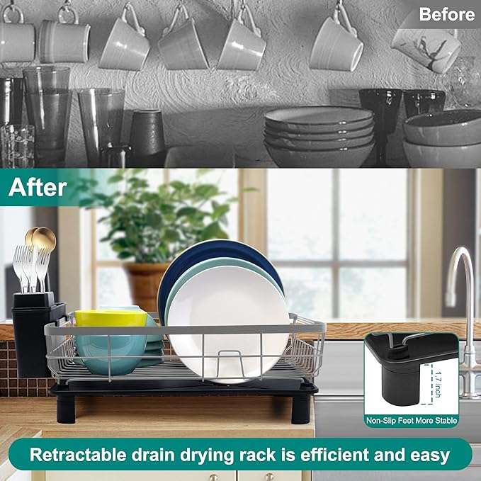 Goderewild Dish Drying Rack for Kitchen Counter,Space-Saving Dish Rack with Drainboard,Rustproof Countertop Dish Drainer with Utensil Holder for Sink,Gray