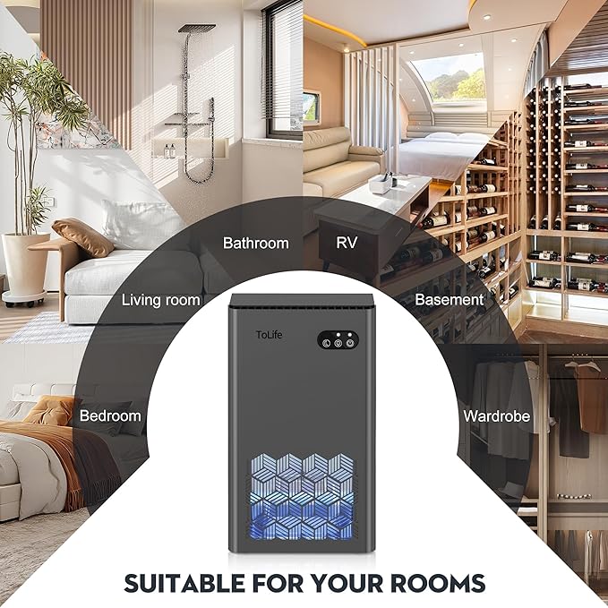 ToLife Dehumidifiers for Home, 1000 sq.ft Dehumidifier for Bedroom Bathroom Basement with 95 OZ Water Tank, Auto Shut Off 7 Colors LED Light, Gery