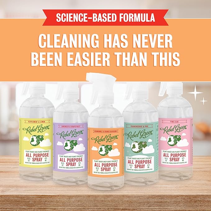 Rebel Green Natural All-Purpose Cleaning Spray - Plant-Based Multi-Surface Cleaner with Essential Oils for Kitchen, Bath, Countertops and More - Orange & Chamomile - 16 oz - 2 Pack