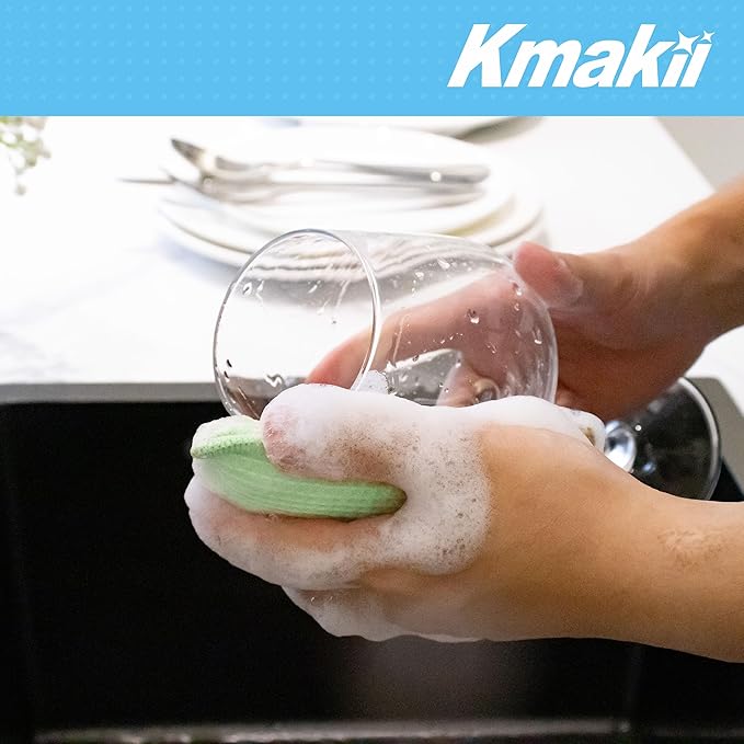 KMAKII Bamboo Kitchen Sponges Dish Sponge Super Absorbent Natural Dish Sponges, Green, Pack of 6
