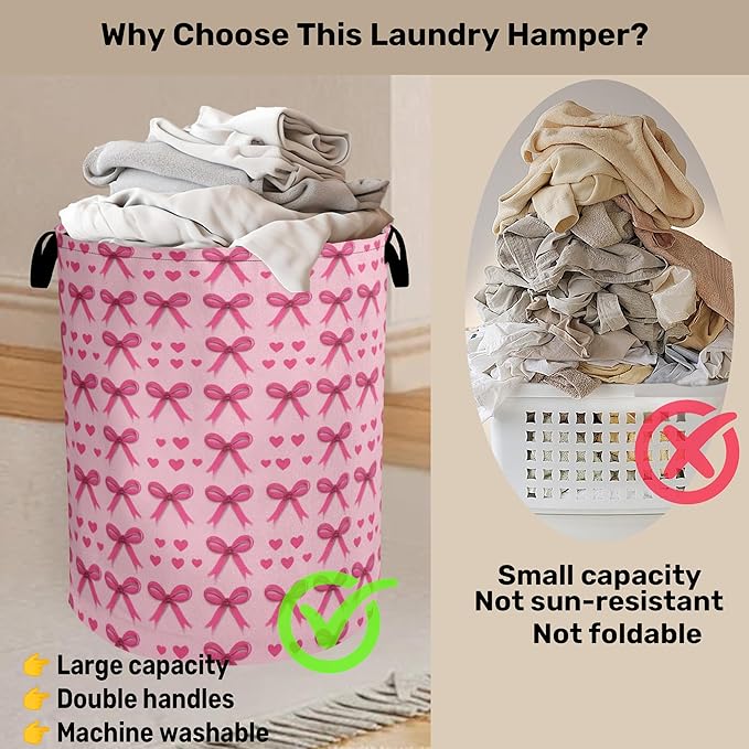 Pink Bow Laundry Hamper - Pink Laundry Basket with Handles, Space Saving Foldable Design for Nursery, Dirty Clothes Storage Basket for Women Girls