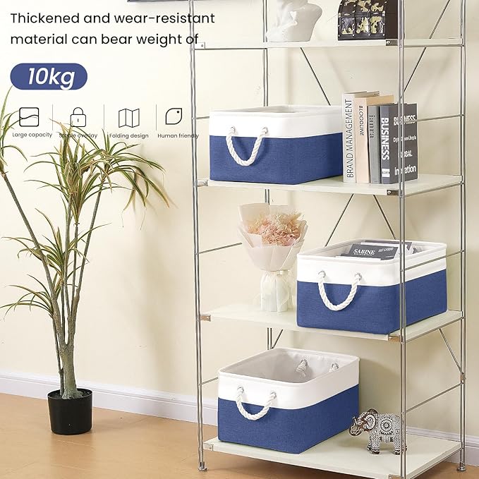 Large Storage Baskets- 15.7x11.8x8.26 inch Storage Bins for Shelves and Closet Organizing, Foldable Fabric Bin for Home Organization Clothes and Laundry (6-Pack, White&Blue)
