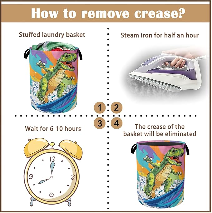 Laundry Basket,Dinosaur Surfing on Sea Collapsible Laundry Baskets,Waterproof Oxford Hamper with Handles for Bathroom Bedroom Nursery Home Storage 16"x20"
