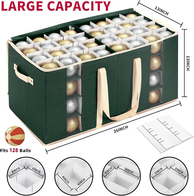 Large Christmas Ornament Storage Box With Adjustable Dividers,Ornament Storage Container with Two Handlesfor 128 Holiday Decorations,Green
