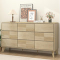 Hadulcet Wooden Dresser for Bedroom, Mid Century Modern 55” Long Fluted 9 Drawers Dresser Storage Clothes for Closet Organizer, Handleless Design, Push to Open, Natural Oak