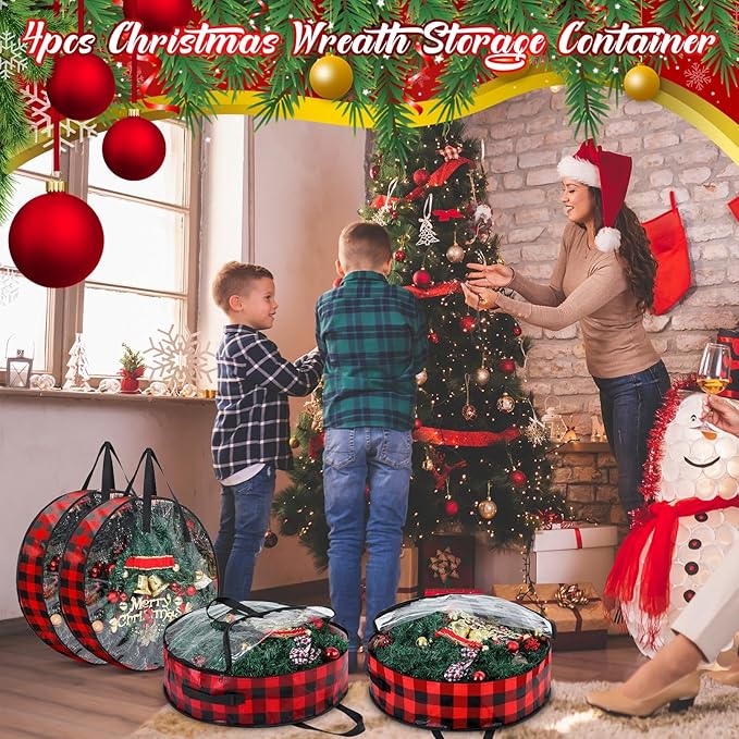 Shappy 4 Pcs Christmas Wreath Storage Bag Wreath Storage Container with Clear Window Plaid Wreath Storage Box with Handles for Storing Garland Holiday Wreath Wrapping(30 Inch,Red Black)