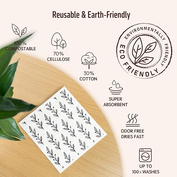 Augine Swedish Dishcloths for Kitchen, 5 Pack Reusable Paper Towels Washable, Super Absorbent Swedish Dish Cloths, Non-Scratch, No Odor