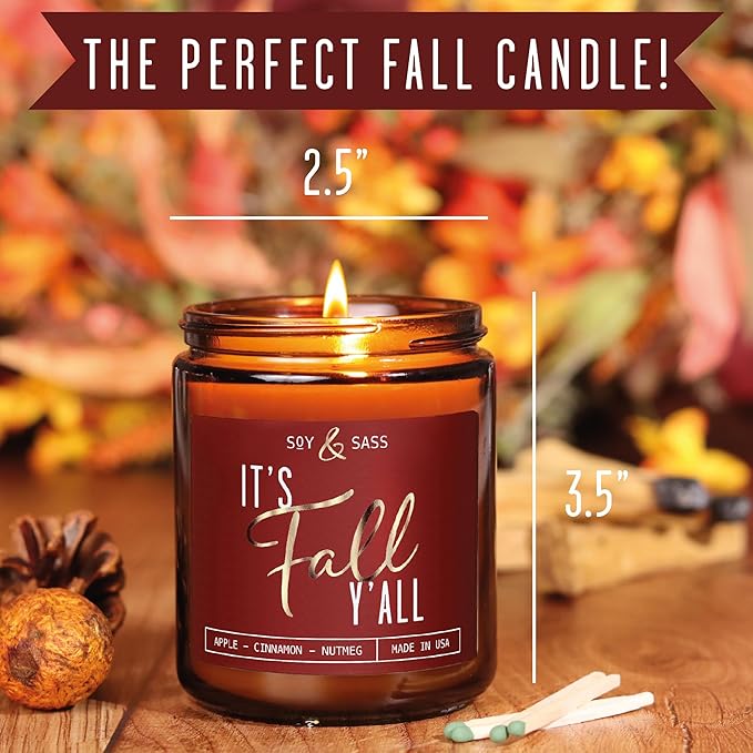 Fall Candles - 'It's Fall Yall' Candle w/Apple Cinnamon & Nutmeg I Infused with Essential Oils I Autumn Scented Candles I Cozy Cute Décor Gifts I 9oz Jar I 50Hr Burn I Made in USA