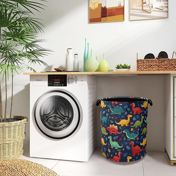 Cute Dinosaur Laundry Hamper,Fern Plants Dirty Clothes Laundry Basket with Handles Waterproof Oxford Cloth Storage Basket for College Dorms Bathroom Bedroom 16" x 20.8"