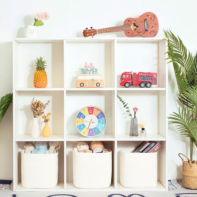 MINTWOOD Design 3-Pack 11x11in Woven Cube Storage Bin and Shelf Baskets, Cute Decorative Square Organizer for Closet, Classroom, Bathroom, Dog and Cat Toys, and Books, Creamy White