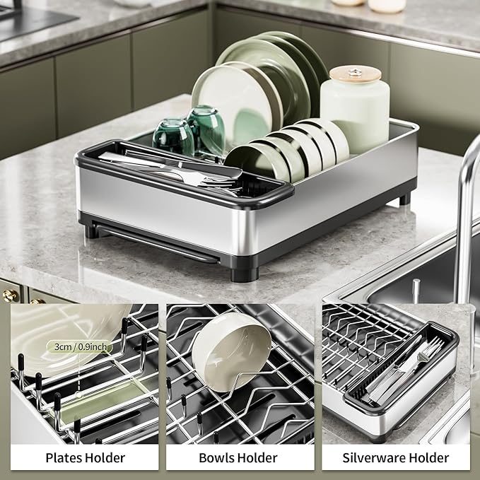 Ewaiira Dish Drying Rack, 304 Stainless Steel Dish Racks for Kitchen Counter, Dish Drainers with Automatic Drainage, Utensil Holder & Cups Holder, Space Saving Kitchen Organizer (1-Tier Silver)