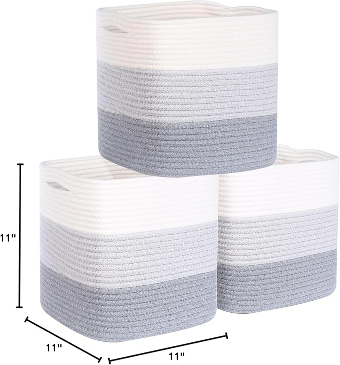 MINTWOOD Design 3-Pack 11x11 Inch Cube Storage Bin, Woven Organizer, Closet Cute Square Bins, Decorative Classroom Bathroom Pantry and Shelf Baskets, 3-Tone Grey (MD-203)