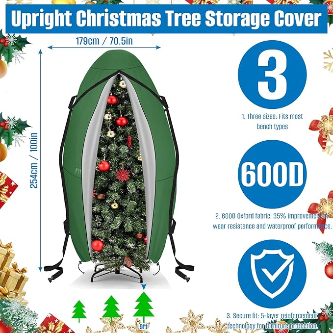 SIRUITON Upright Christmas Tree Storage Bag for 9 ft Tall,Heavy Duty 210D Oxford Fabric Vertical Xmas Storage Bags,Waterproof & Tear-Resistant Christmas Tree Cover with UV Protection
