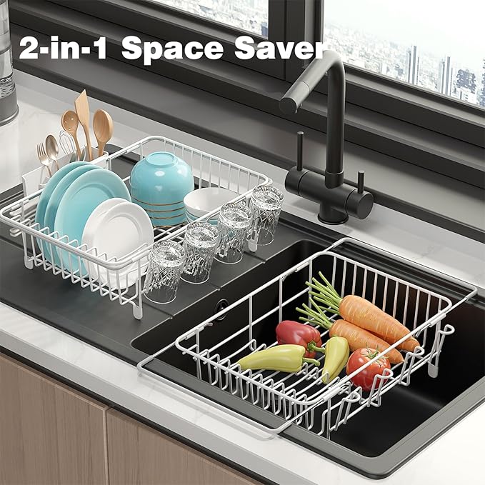 jouzevic Dish Drying Rack in Sink: Expandable, 3-Slot Utensil Holder, Anti-Slip Handle. Small Dish Rack: Ideal for Small Households. Kitchen Drying Rack: White