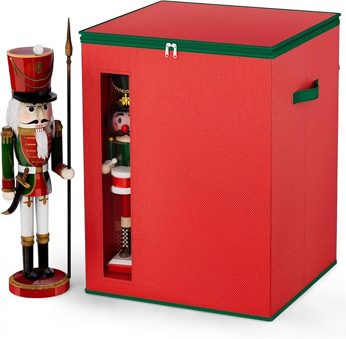 VERONLY Christmas Nutcracker and Figurine Storage Box, Holds 9-16" Tall Nutcracker Ornaments, Foldable Holiday Decoration Organizer with Removable Dividers & View Window (Nutcracker Not Included)