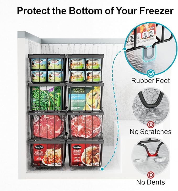 iSPECLE Deep Freezer Organizer Bins - Fits 7 Cu.Ft Chest Freezer, 8 Pack Stackable Wire Baskets(14.7" Length), Heavy Duty Coated Freezer Organizer, Rust Resistant for Frozen Food Sorting, Black
