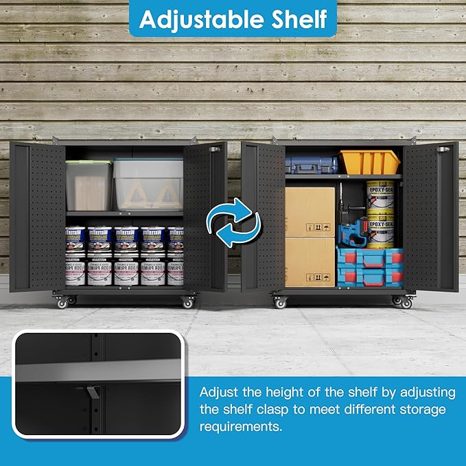 Metal Storage Cabinet on Wheels,Lockable Garage Storage Cabinet with Wheels Pegboard Pushing Hand for Office Home Warehouse, Assembly Required, Black,13.8 "D x 26" W x 34.3" H