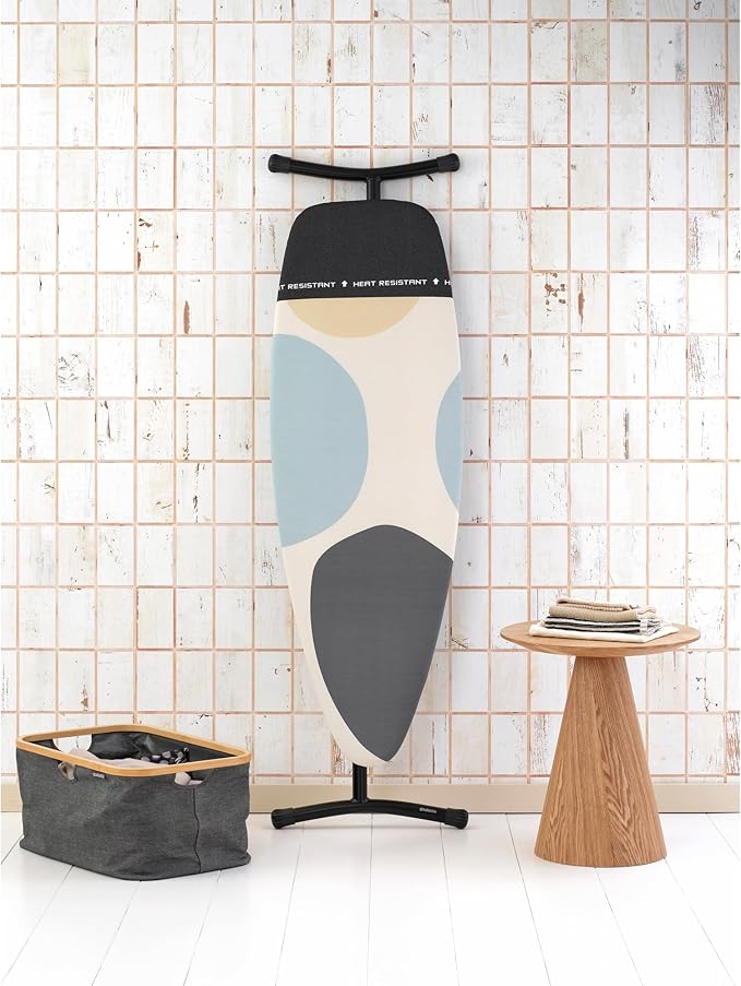 Brabantia Size D Ironing Board (53x18 in) Heat Resistant Parking Zone, Silver Frame, Non-Slip Feet, Suitable for Sit Down Ironing (Spring Bubbles)