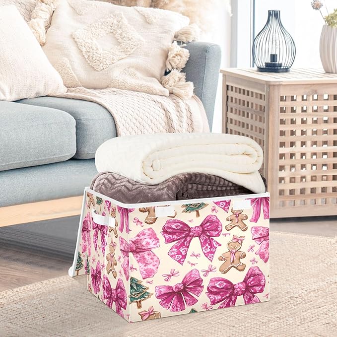 Bolaz Storage Bins with Lids and Handles,Cookie Bow Christmas Tree Pattern Storage Box Basket with Cover Collapsible Organizer Containers for Home Closet, Shelves