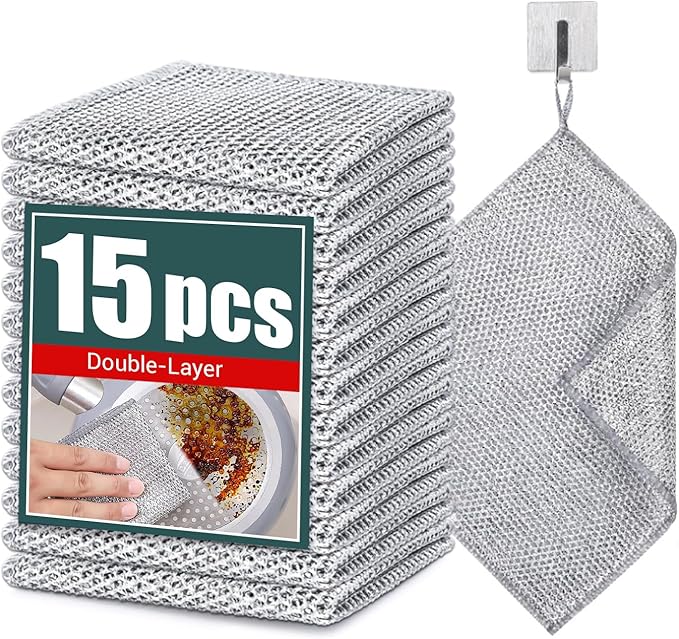 Desolio Cleaning Cloths, Multipurpose Wire Miracle Cleaning Cloths, Multipurpose Wire Dishwashing Rags for Wet and Dry, for Washing Dishes, Sinks, Counters, Stove Tops (15 Pcs)