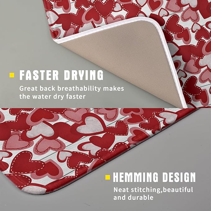 Valentines Day Dish Drying Mat for Kitchen Counter 18x16 Inch Love Drying Mat with Absorbent Reversible Microfiber Red Grey Heart Dish Drainer Mats Rack Pad for Coffee Countertop Protector