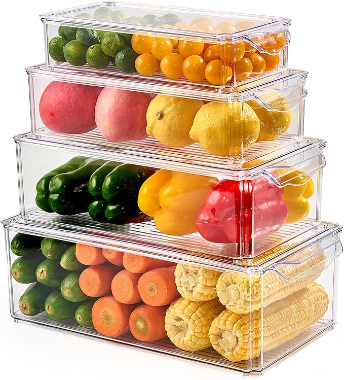 Luckore 4 Piece Refrigerator Organizer Bins, Clear Fridge Organizers and Storage, Stackable with Lids, Food Storage Containers for Fruit, Vegetable, Drinks, Cereals
