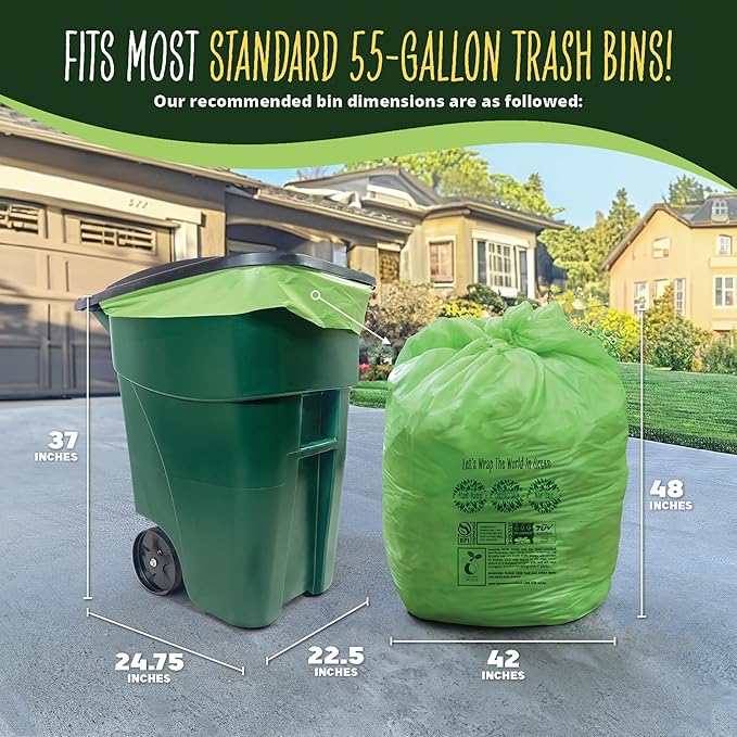 50-55 Gallon Compost Bags, Heavy Duty Compostable Trash Bags, 1.57 Mil Extra Thick Yard Waste Bags, Compostable Lawn Bags, Large Compost Leaf Bags BPI & ASTM D6400 Certified