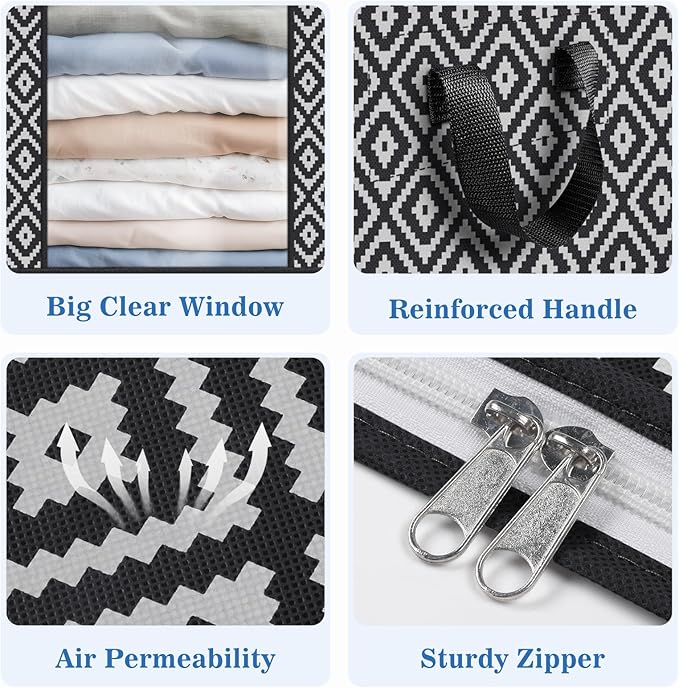 Direct 100L, 4 Pack, Storage Containers, Large Clothes Storage Bins Foldable Organization and Storage Bags with Reinforced Handle, Clear Window for Bedding, Blankets, Clothing, Black